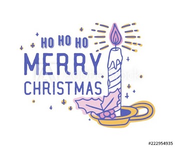 Ho Ho Ho Merry Christmas text handwritten with calligraphic font and decorated by burning candle in candlestick
