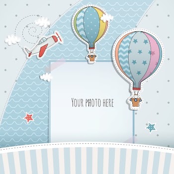 Holiday card design with ballloon and plane. Baby shower. Paper,...