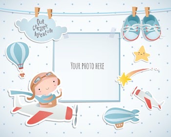 Holiday card design with balloon and plane. Baby shower. Paper,...