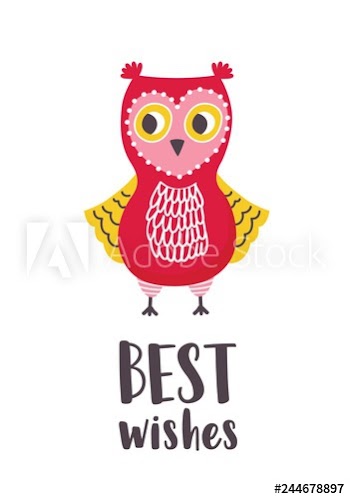 Holiday card or postcard template with cute funny owl or owlet and Best Wishes inscription written with calligraphic font