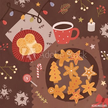 Holiday card template with table surface, delicious homemade sweet cookies and orange slices lying on plates, cup of tea and Christmas decorations