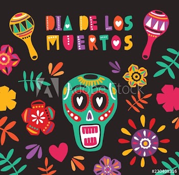 Holiday decorative composition with Dia De Los Muertos lettering, Mexican calavera or skull, flowers and maracas