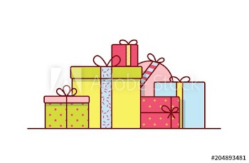 Holiday gift boxes wrapped in bright colored paper and decorated with ribbons and bows