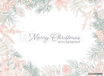 Holiday postcard template with Merry Christmas wish and frame made of conifer branches, berries and poinsettia leaves hand drawn with contour lines on white background