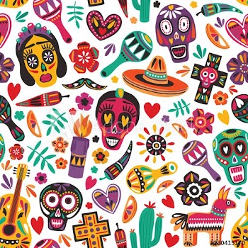 Holiday seamless pattern decorated by Mexican skulls, pepper, pinata, cross, candle, maracas, guitar, sombrero, cactus on white background