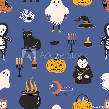 Holiday seamless pattern with funny scary magic characters and items on dark background - ghost, skeleton, vampire, Jack-o'-lantern, witch hat and pot, crescent moon