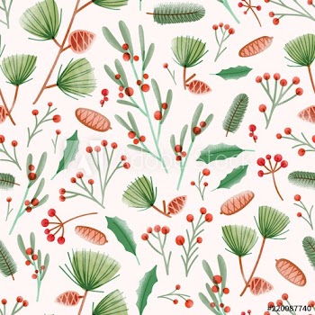 Holiday seamless pattern with holly leaves, mistletoe, pine cones, needles and branches on white background