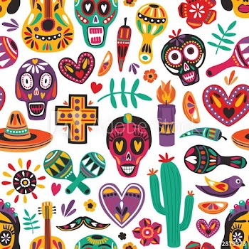 Holiday seamless pattern with traditional Day Of The Dead decorations on white background