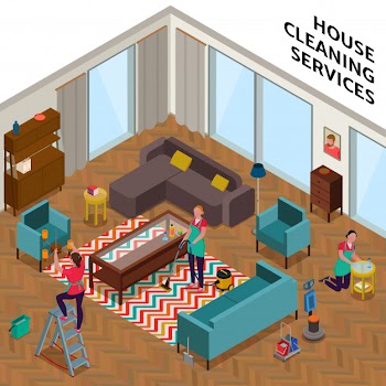 Home cleaning services composition with women workers during tidying up of apartment isometric Free Vector