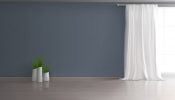 Home living room, apartment hall empty interior 3d realistic background with white curtain on large window, blue wall, parquet or laminate floor, group of flowerpots with green plants illustration Free Vector