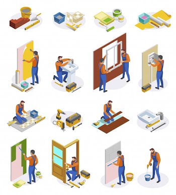 Home repair isometric icons set of tools and craftspeople performing  laying tiles pasting wallpapers doors and window installation isolated  illustration Free Vector