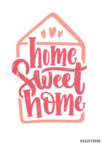 Home Sweet Home lettering written with cursive calligraphic font inside house outline and decorated with hearts
