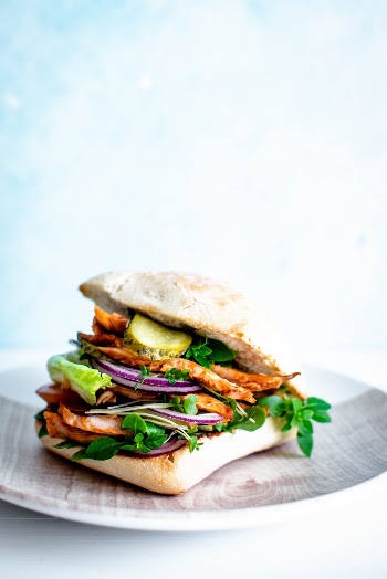 Homemade sandwich with sweet chilli turkey and salad. 