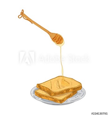 Honey dripping from wooden dipper on bread slices lying on plate
