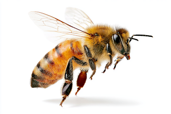 Honeybee in Mid-Flight on White Background