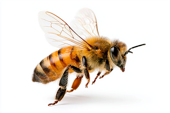 Honeybee in Mid-Flight on White Background