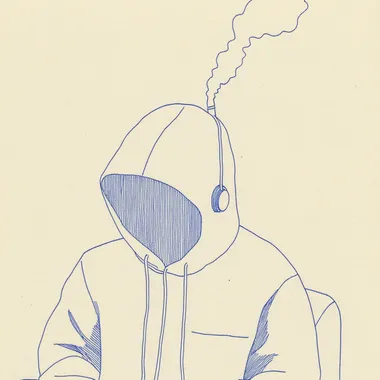 Hooded figure smoking a cigarette in urban setting with headphones