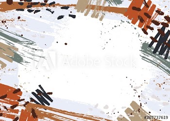 Horizontal backdrop decorated with colorful paint stains, spots, scribble and brush strokes on white background