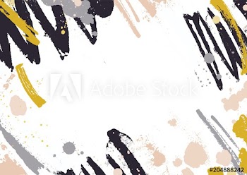 Horizontal backdrop with abstract yellow and black paint stains, blotches and brush strokes on white background