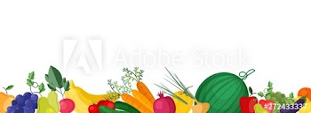 Horizontal banner template with fresh ripe locally grown fruits and vegetables at bottom edge