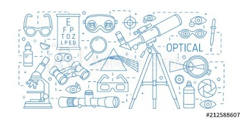 Horizontal banner with various optical devices, dispersive prism, glasses, human eye, optic lenses drawn with contour lines on white background