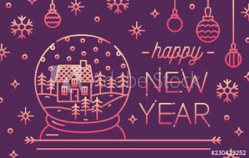 Horizontal greeting card or invitation template with Happy New Year lettering, snow globe with house inside, baubles and snowflakes