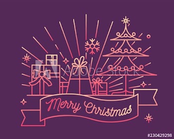 Horizontal greeting card or postcard template with Merry Christmas wish on ribbon, decorated spruce tree and festive gifts