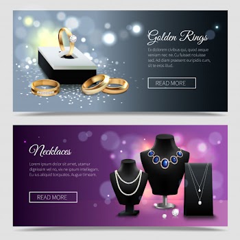 Horizontal jewelry realistic banners with golden rings and elegant necklaces on mannequins Free Vector