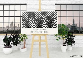 Horizontal Poster Easel Stand Mockup with Contemporary Interior