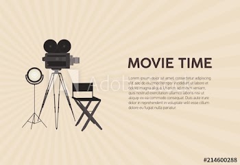 Horizontal poster template for movie festival with retro film camera standing on tripod, studio lamp, director chair and place for text on light background