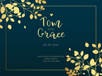 Horizontal wedding card with golden leaves Free Vector
