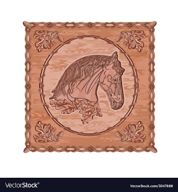 Horse and oak leaves and acorns woodcarving vector image