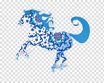 Horse Chinese New Year Papercutting, Blue and white decorative pattern horse transparent background PNG clipart