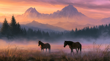 Horses Grazing at Sunset in Serene Landscape