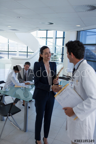 Hospital administrator shaking hands with doctor in meeting
