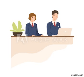 Hospitality male and female in uniform at counter vector flat illustration