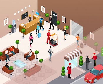 Hotel interior isometric concept Free Vector