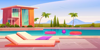 House and swimming pool with deck chairs Free Vector