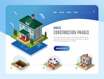 House construction phases advertising landing page template for web sites design isometric vector illustration Free Vector