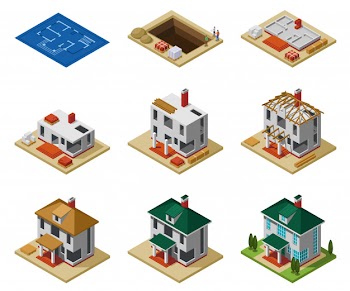 House construction phases from drawing to finished building isometric icons set isolated vector illustration Free Vector