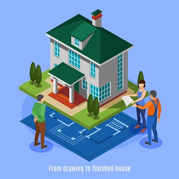 House construction phases from drawing to finished house isometric vector illustration Free Vector