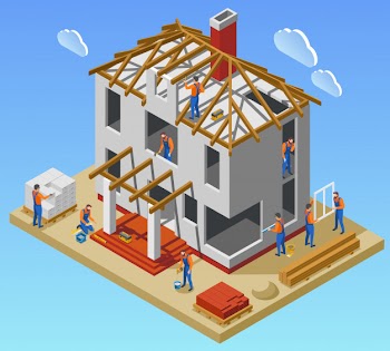 House construction phases isometric poster with team of workers working in unfinished building vector illustration Free Vector