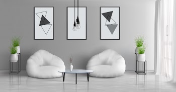 House hall, modern apartment sunny living room 3d realistic vector interior with coffee table near two beam bag chairs in middle of room, paintings, photo frames on grey wall, flowerpots illustration Free Vector