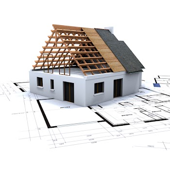 House in contruction process on top of architect's blueprints