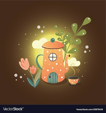 house in the form of a teapot clouds and flowers