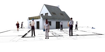 house on top of architect's plans with people