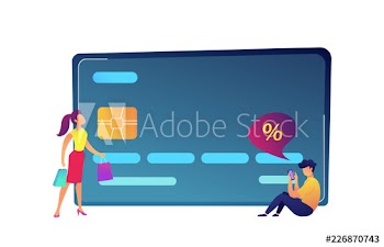 Huge credit card, shopper with bags and buyer with smartphone vector illustration