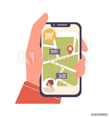 Human cartoon hand holding smartphone with map and location mark on screen vector flat illustration