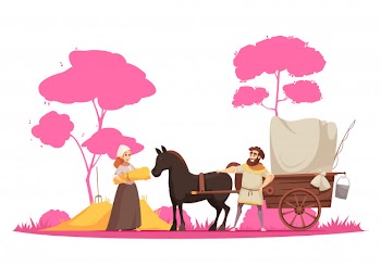 Human characters and ancient rural ground transportation horse with cart on trees background cartoon Free Vector