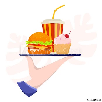 Human hand holding a tray with fast food
